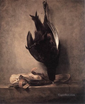 Naturaleza muerta con faisán muerto y bolsa de caza Jean Baptiste Simeon Chardin Pinturas al óleo